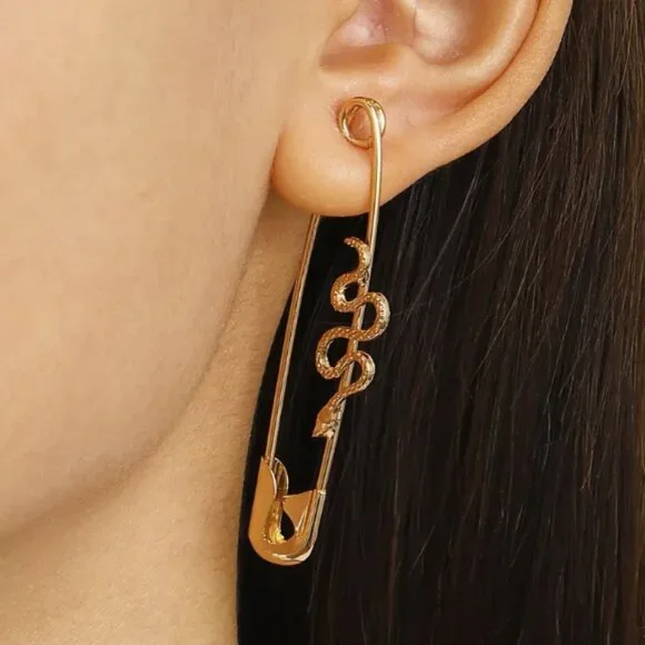 Mixed Metals Gold & Silver Snake Safety Pin Earrings NEW - Picture 4 of 7